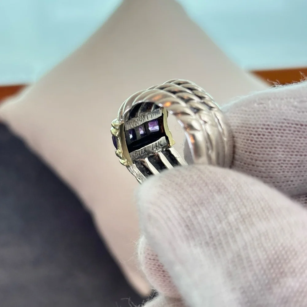 David Yurman 925 & 14k Gold Triple Cable Ring with Amethyst 5.5